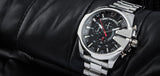 Diesel Mega Chief Chronograph Black Dial Silver Steel Strap Watch For Men - DZ4308 Authentic Buy Shop Now