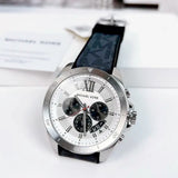 Michael Kors Brecken Chronograph Silver Dial Grey Leather Strap Watch For Men - MK8922 Authentic Buy Shop Now