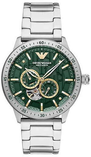 Emporio Armani Meccanico Chronograph Automatic Green Dial Silver Steel Strap Watch For Men - AR60053 Authentic Buy Shop Now