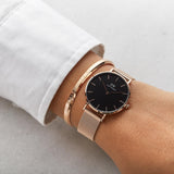 Daniel Wellington Classic Melrose Black Dial Rose Gold Mesh Bracelet Watch For Women - DW00100161 Authentic Buy Shop Now