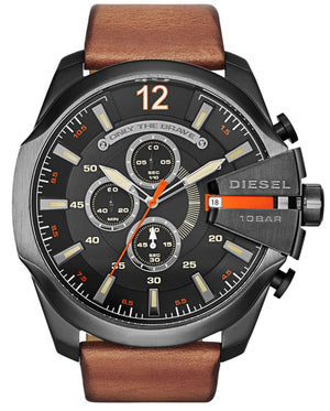 Diesel Mega Chief Chronograph Black Dial Brown Leather Strap Watch For Men - DZ4343 Authentic Buy Shop Now