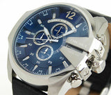 Diesel Mega Chief Chronograph Blue Dial Black Leather Strap Watch For Men - DZ4423 Authentic Buy Shop Now