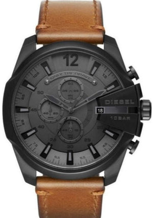 Diesel Mega Chief Chronograph Grey Dial Brown Leather Strap Watch For Men - DZ4463 Authentic Buy Shop Now