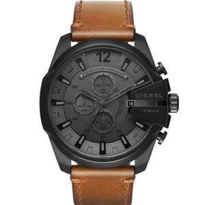 Diesel Mega Chief Chronograph Grey Dial Brown Leather Strap Watch For Men - DZ4463 Authentic Buy Shop Now