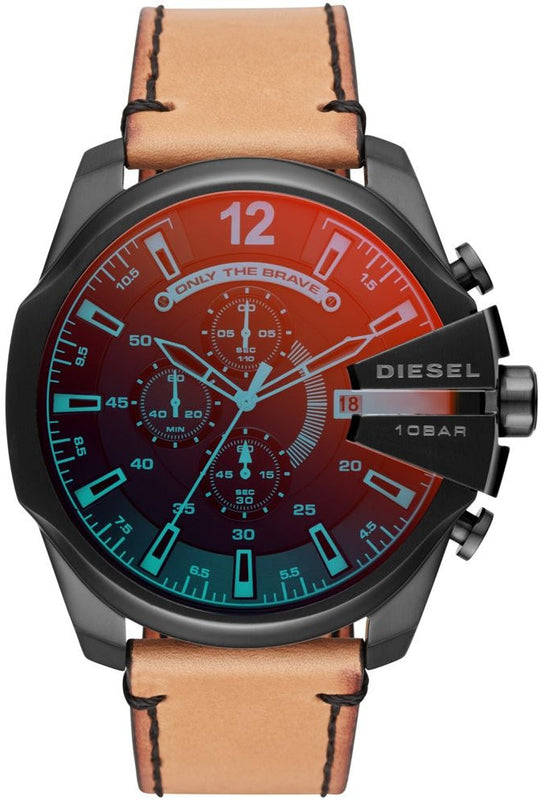 Diesel Mega Chief Chronograph Black Dial Brown Leather Strap Watch For Men - DZ4476 Authentic Buy Shop Now