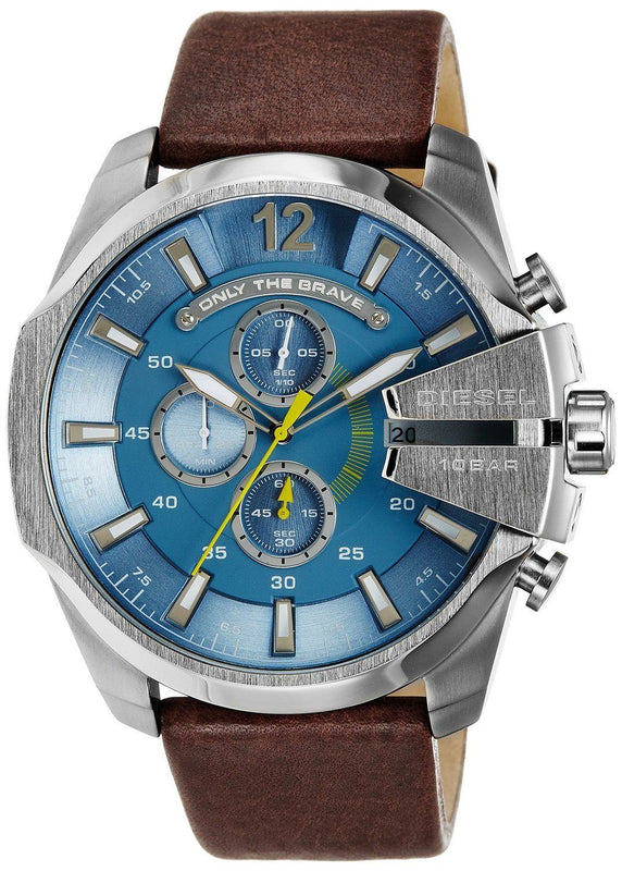 Diesel Mega Chief Chronograph Blue Dial Brown Leather Strap Watch For Men - DZ4281 Authentic Buy Shop Now