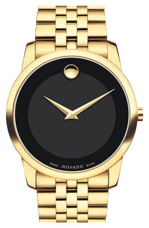 Movado Museum Black Dial Gold Steel Strap Watch For Men - 606997 Authentic Buy Shop Now