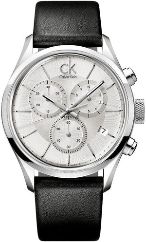 Calvin Klein Masculine Chronograph White Dial Black Leather Strap Watch for Men - K2H27120 Authentic Buy Shop Now