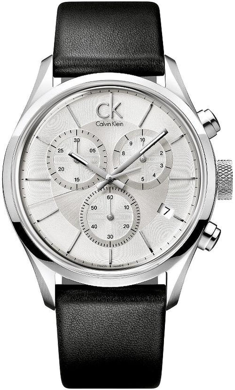 Calvin Klein Masculine Chronograph White Dial Black Leather Strap Watch for Men - K2H27120 Authentic Buy Shop Now