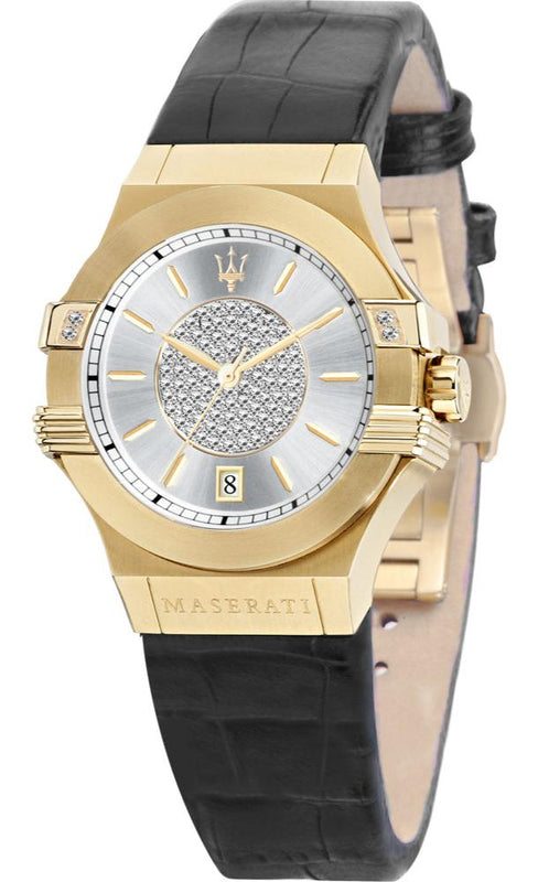 Maserati Potenza Diamonds Silver Dial Black Leather Strap Watch For Women - R8851108505 Authentic Buy Shop Now