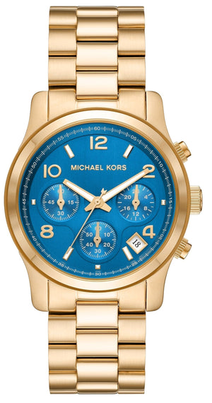 Michael Kors Runway Chronograph Blue Dial Gold Steel Strap Watch For Women - MK7353 Authentic Buy Shop Now