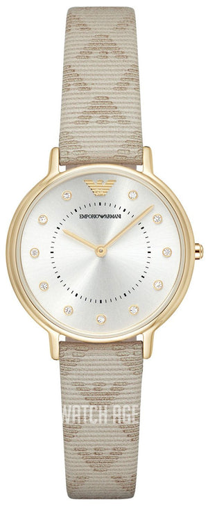 Emporio Armani Kappa Quartz Silver Dial Beige Leather Strap Watch For Women - AR11042 Authentic Buy Shop Now