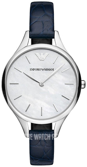 Emporio Armani Aurora Quartz Mother Of Pearl White Dial Blue Leather Strap Watch For Women - AR11090 Authentic Buy Shop Now