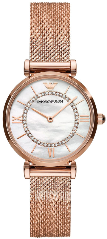 Emporio Armani Gianni T Bar Mother of Pearl Dial Rose Gold Mesh Bracelet Watch For Women - AR11320 Authentic Buy Shop Now