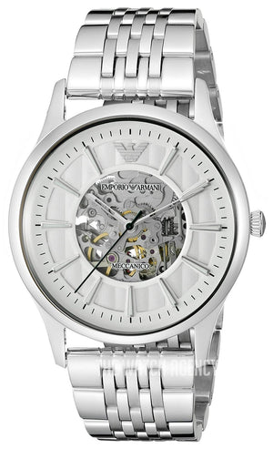 Emporio Armani Meccanico Skeleton Silver Dial Silver Steel Strap Watch For Men - AR1945 Authentic Buy Shop Now