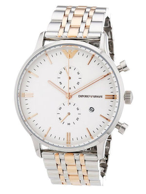 Emporio Armani Chronograph White Dial Two Tone Steel Strap Watch For Men - AR0399 Authentic Buy Shop Now
