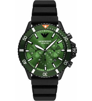 Emporio Armani Diver Chronograph Quartz Green Dial Black Silicon Strap Watch For Men - AR11463 Authentic Buy Shop Now