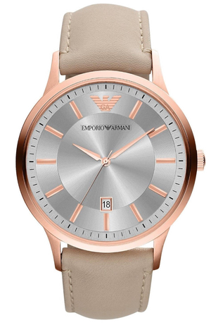 Emporio Armani Classic Quartz Silver Dial Beige Leather Strap Watch For Men - AR2464 Authentic Buy Shop Now