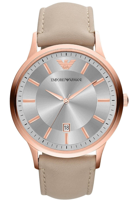 Emporio Armani Classic Quartz Silver Dial Beige Leather Strap Watch For Men - AR2464 Authentic Buy Shop Now