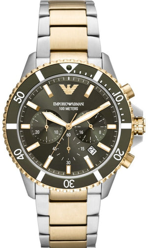 Emporio Armani Diver Chronograph Green Dial Two Tone Steel Strap Watch For Men - AR11361 Authentic Buy Shop Now