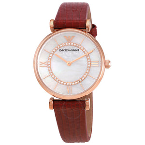 Emporio Armani Gianni T-Bar Analog Mother of Pearl Dial Red Leather Strap Watch For Women - AR11322 Authentic Buy Shop Now