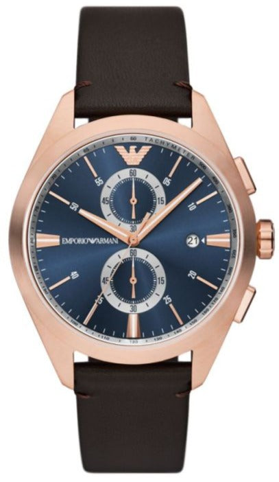 Emporio Armani Claudio Chronograph Blue Dial Brown Leather Strap Watch For Men - AR11554 Authentic Buy Shop Now