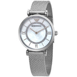 Emporio Armani Gianni T-Bar Quartz Mother of Pearl Dial Silver Mesh Bracelet Watch For Women - AR11319 Authentic Buy Shop Now