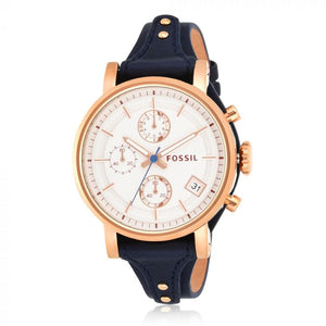 Fossil Original Boyfriend Chronograph White Dial Navy Blue Leather Strap Watch for Women - ES3838 Authentic Buy Shop Now