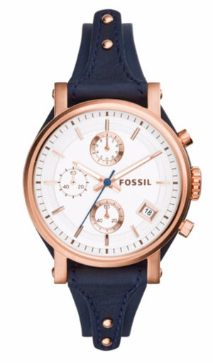 Fossil Original Boyfriend Chronograph White Dial Navy Blue Leather Strap Watch for Women - ES3838 Authentic Buy Shop Now