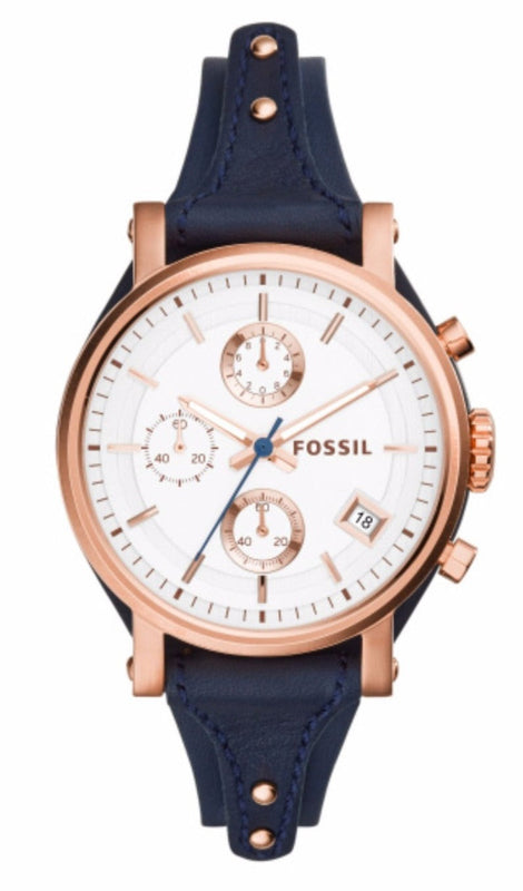 Fossil Original Boyfriend Chronograph White Dial Navy Blue Leather Strap Watch for Women - ES3838 Authentic Buy Shop Now