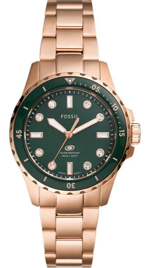 Fossil Blue Dive Three Hand Green Dial Rose Gold Steel Strap Watch For Women - ES5371 Authentic Buy Shop Now