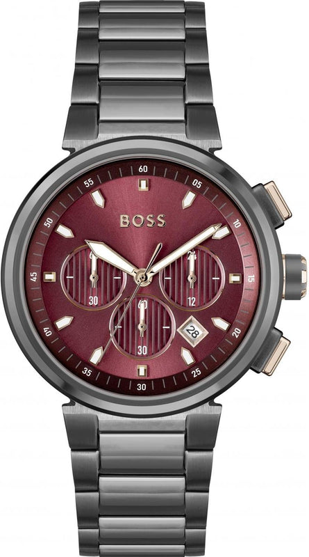 Hugo Boss One Chronograph Red Dial Grey Steel Strap Watch For Men - 1514000 Authentic Buy Shop Now