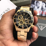 Guess Axle Multifunction Black Dial Gold Steel Strap Watch For Men - GW0488G2 Authentic Buy Shop Now