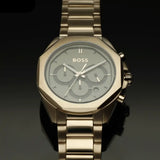 Hugo Boss Classic Chronograph Green Dial Beige Gold Steel Strap Watch For Men - 1514019 Authentic Buy Shop Now