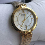 Tissot Flamingo Mother of Pearl White Dial Gold Steel Strap Watch For Women - T094.210.33.111.00 Authentic Buy Shop Now