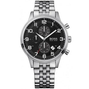 Hugo Boss Aeroliner Chronograph Quartz Black Dial Silver Steel Strap Watch For Men - HB1512446 Authentic Buy Shop Now
