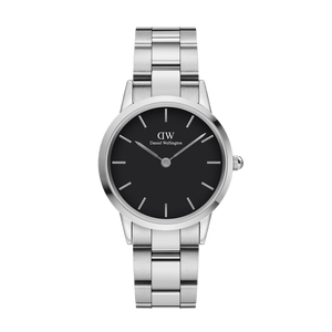 Daniel Wellington Iconic Link Black Dial Silver Steel Strap Watch For Women - DW00100342 Authentic Buy Shop Now