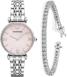 Emporio Armani Gianni T Bar Pink Mother of Pearl Dial Silver Steel Strap Watch For Women - AR1779 Authentic Buy Shop Now