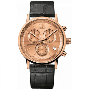 Calvin Klein Post Minimal Chronograph Rose Gold Dial Black Leather Strap Watch for Men - K7627201 Authentic Buy Shop Now