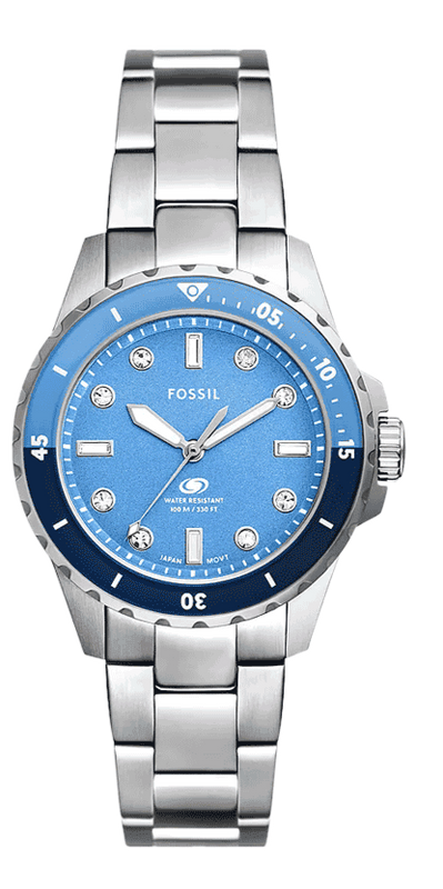 Fossil Blue Dive Three Hand Blue Dial Silver Steel Strap Watch For Women - ES5353 Authentic Buy Shop Now