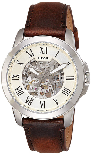 Fossil Grant Automatic Beige Skeleton Dial Brown Leather Strap Watch for Men - ME3099 Authentic Buy Shop Now