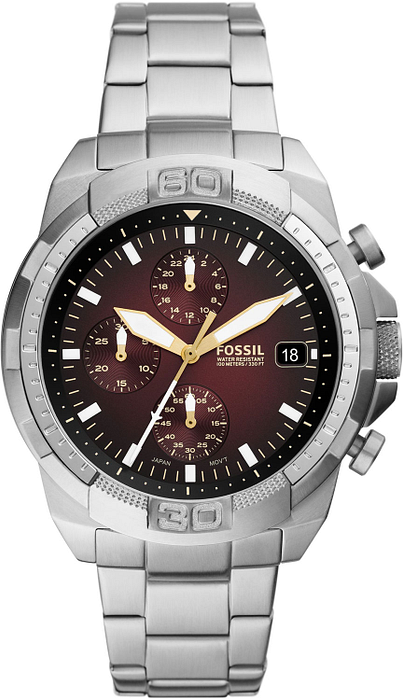 Fossil Bronson Chronograph Red Dial Silver Steel Strap Watch for Men - FS5878 Authentic Buy Shop Now