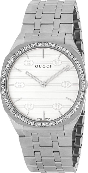 Gucci 25H Quartz Diamonds Silver Dial Silver Steel Strap Watch for Women - YA163401 Authentic Buy Shop Now