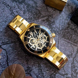 Guess Axle Multifunction Black Dial Gold Steel Strap Watch For Men - GW0488G2 Authentic Buy Shop Now