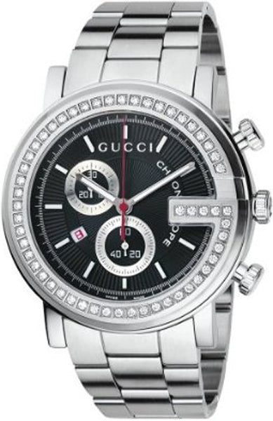 Gucci G Chrono Diamonds Black Dial Silver Steel Strap Watch For Men - YA101324 Authentic Buy Shop Now