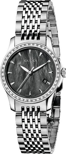 Gucci G Timeless Diamonds Mother of Pearl Black Dial Silver Mesh Bracelet Watch For Women - YA126507 Authentic Buy Shop Now