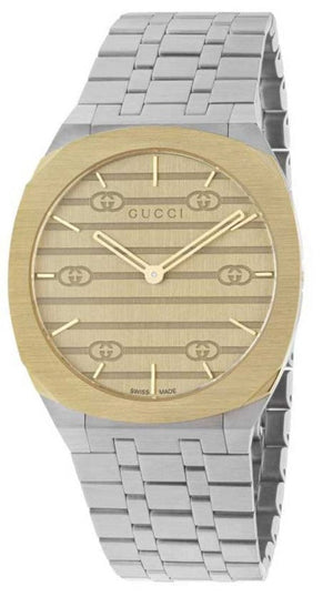 Gucci 25H Quartz Gold Dial Silver Steel Strap Watch for Men - YA163405 Authentic Buy Shop Now