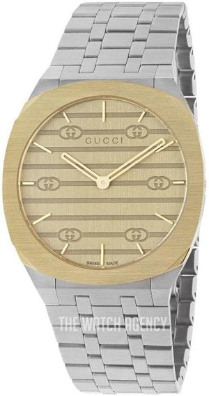 Gucci 25H Quartz Gold Dial Silver Steel Strap Watch for Men - YA163405 Authentic Buy Shop Now