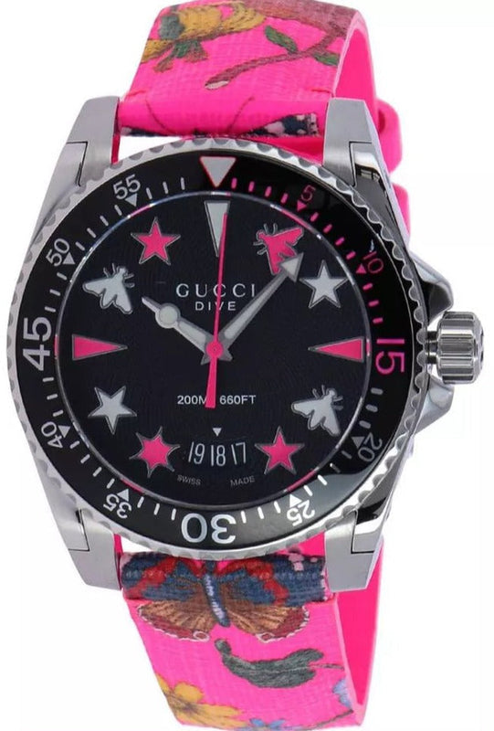 Gucci Dive Quartz Black Dial Pink Leather Strap Watch For Women - YA136326 Authentic Buy Shop Now