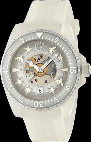 Gucci Dive Automatic Transparent Dial White Rubber Strap Watch For Men - YA136343 Authentic Buy Shop Now